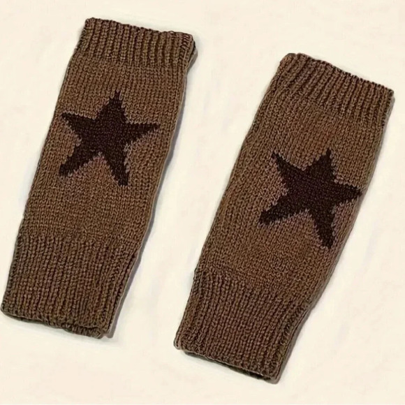 Women's Polyester Knit Fingerless Brown Gloves with Star pattern New - Picture 2 of 5